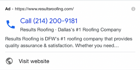 Google Call Only Ads Example Of Dallas Roofer