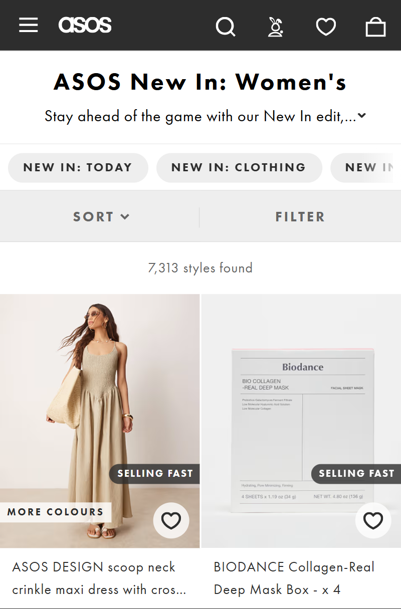 มุมมองหมวดหมู่ของเว็บไซต์ ASOS บนมือถือ