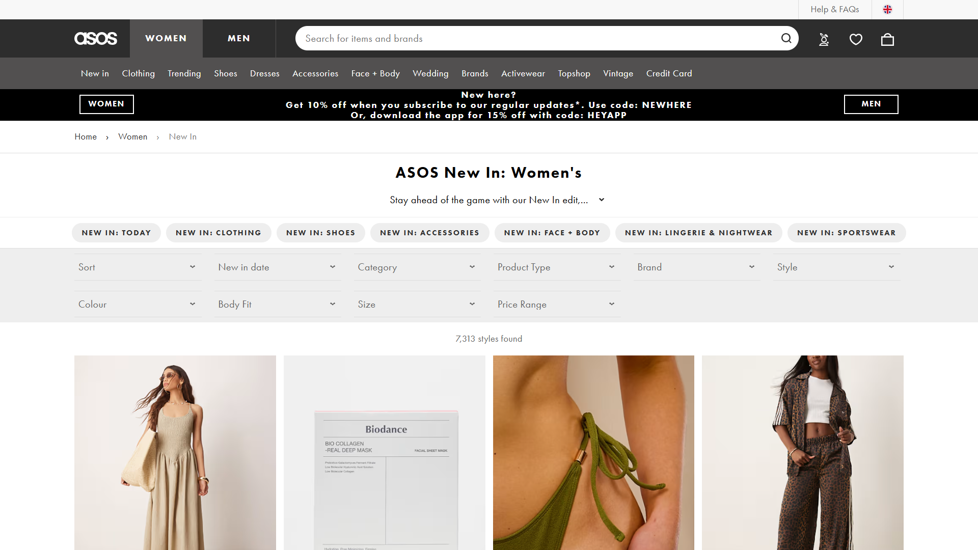 หน้าหมวดหมู่เว็บไซต์ ASOS ในมุมมองเดสก์ท็อป