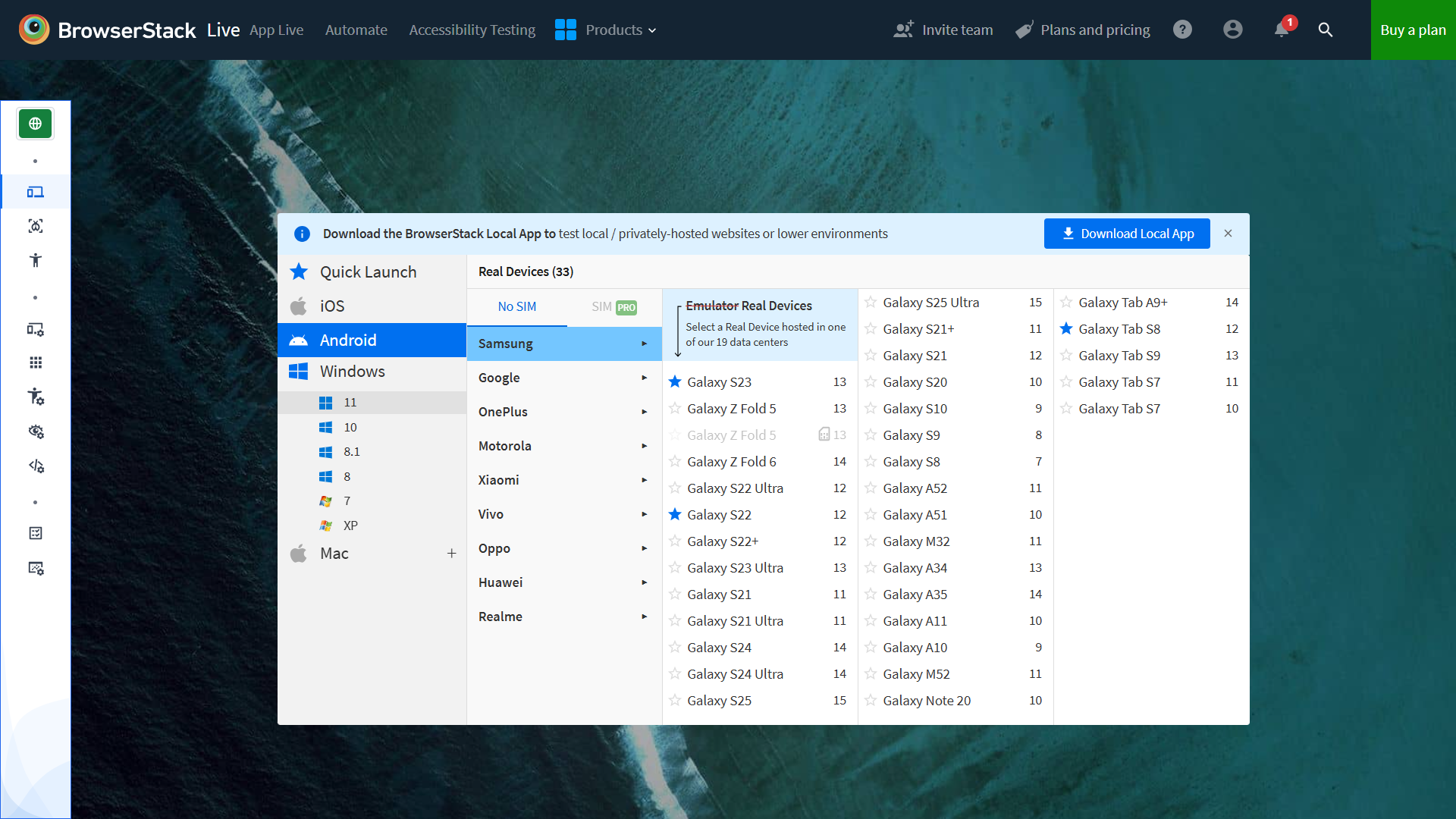 แพลตฟอร์ม BrowserStack แสดงตัวเลือกสำหรับการทดสอบ Android