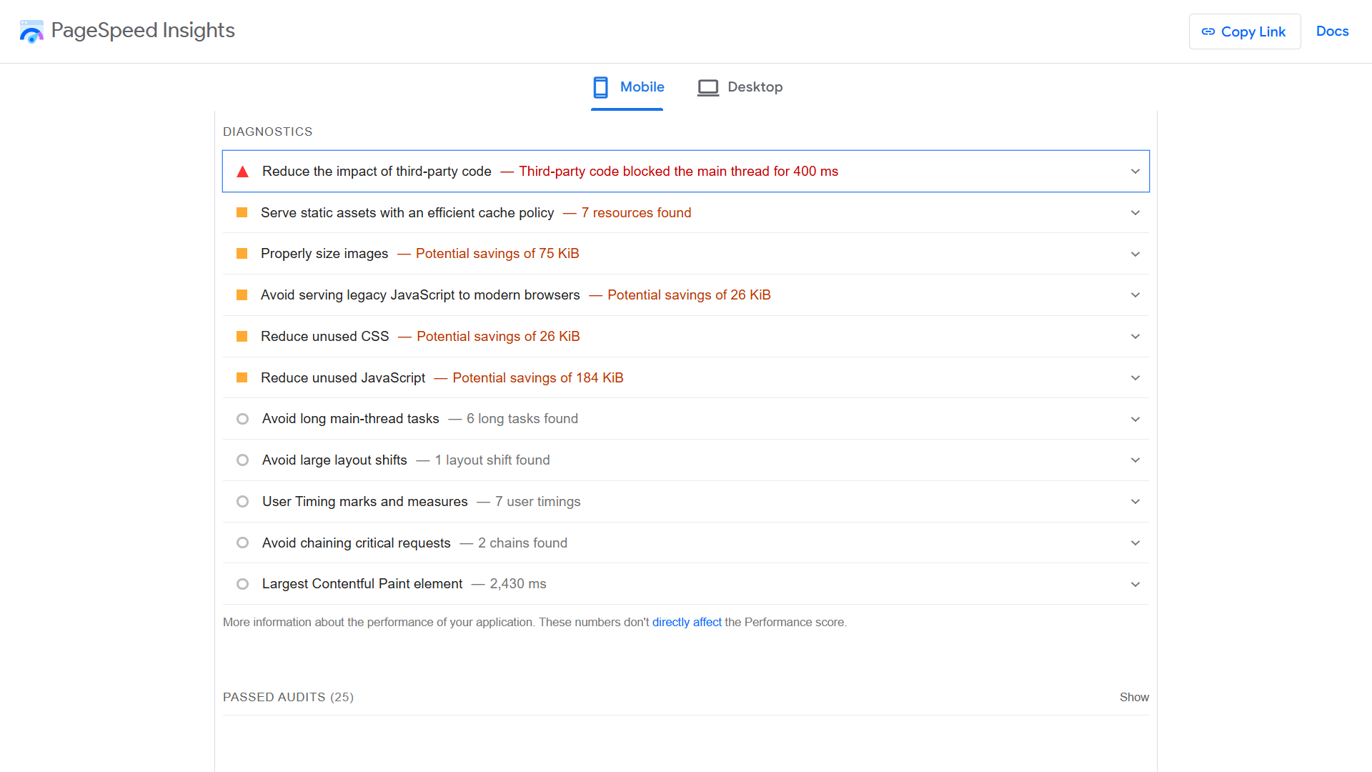 ข้อเสนอแนะในการเพิ่มประสิทธิภาพการวินิจฉัย PageSpeed ​​Insights