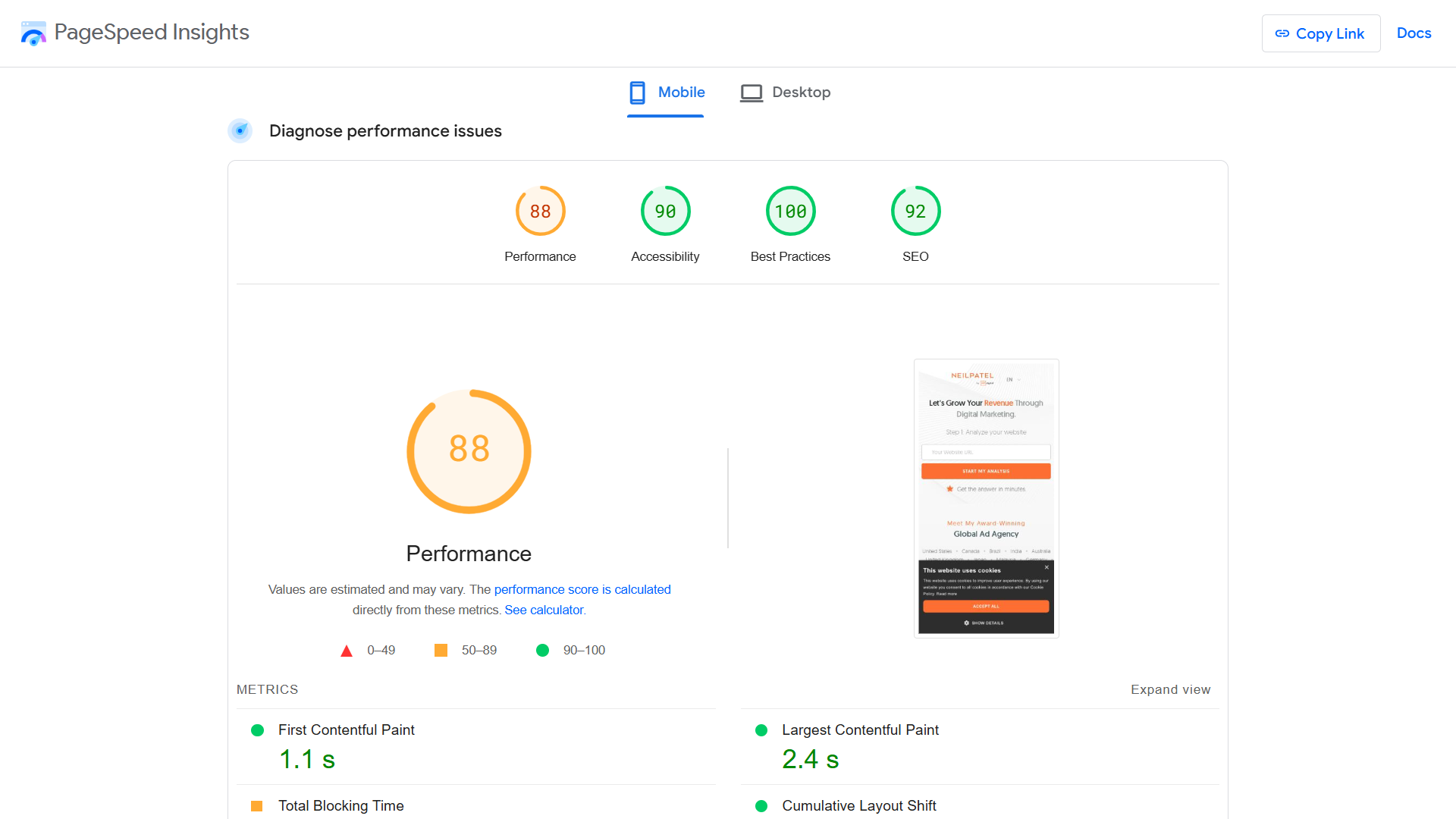 เมตริกประสิทธิภาพ PageSpeed ​​Insights สำหรับไซต์มือถือ