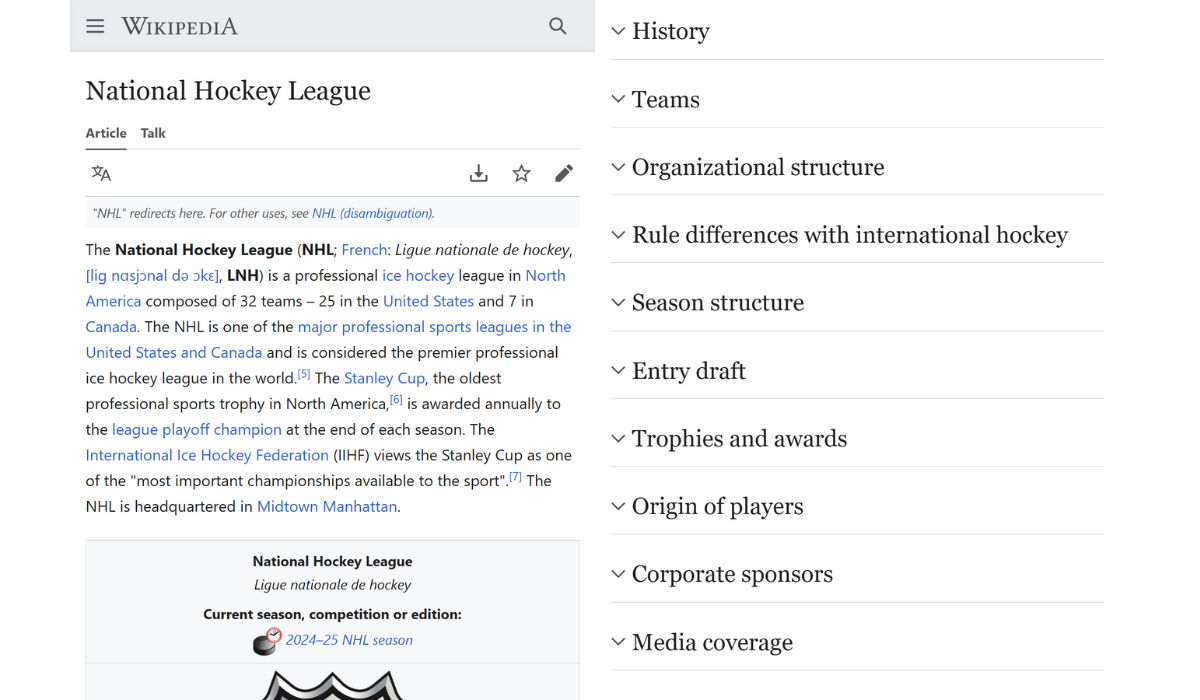 หน้า Wikipedia สำหรับ National Hockey League พร้อมส่วนที่ขยายได้แสดงอยู่ถัดจากนั้น