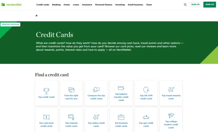 NerdWallet credit cards hub page showing a central “Credit Cards” category with multiple subcategory links, including cash back, travel rewards, balance transfer, and business credit cards.