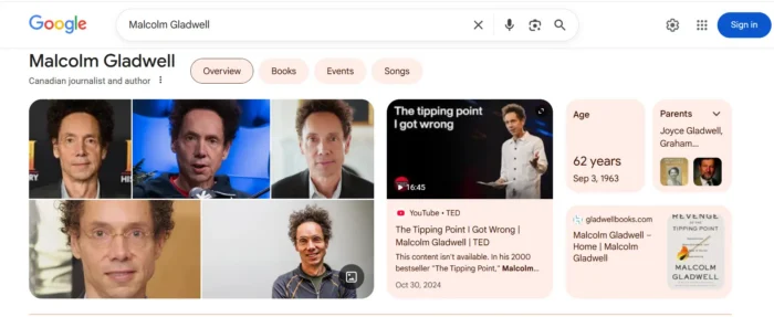 A Google search results page for "Malcolm Gladwell" showcasing a comprehensive Knowledge Panel. The layout displays the subject as a defined entity with categorized data points, including a photo gallery, biographical details (age, parents), linked YouTube videos, and a list of his published books, like "The Tipping Point" and "Revenge of the Tipping Point."