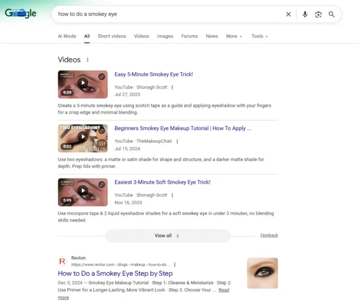 Google search results page for “how to do a smokey eye,” showing a video carousel with multiple YouTube makeup tutorials and a step-by-step blog result below.
