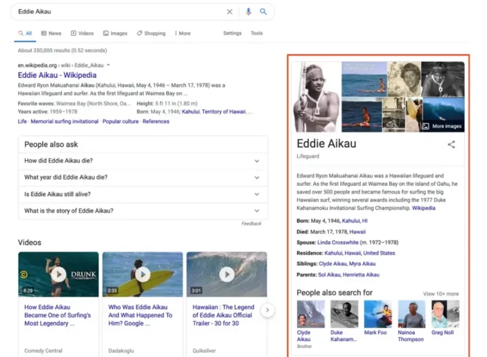 A Google Search Results Page for "Eddie Aikau" featuring a Knowledge Panel highlighted in a red box.