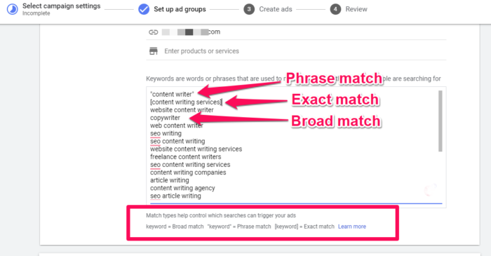 google adwords keyword match types 