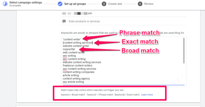 google adwords trefwoord match types 