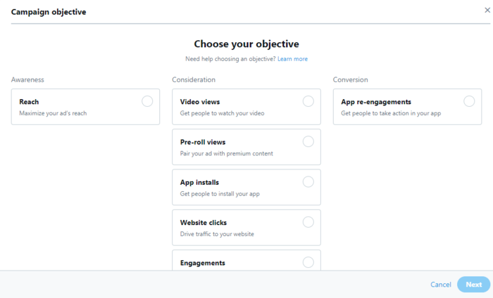 After setting up your ad account, define your Twitter advertising campaign objectives.
