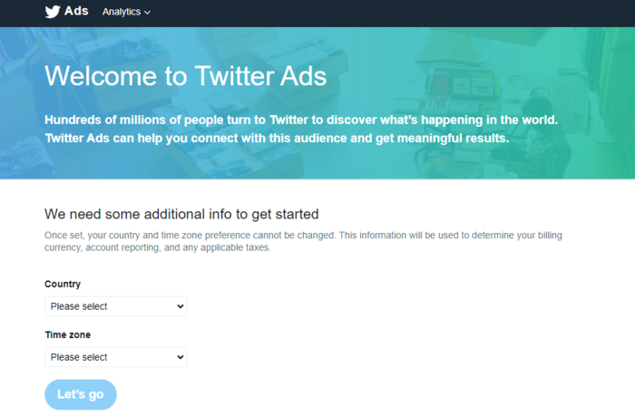 Registering your Twitter advertising account is simple.