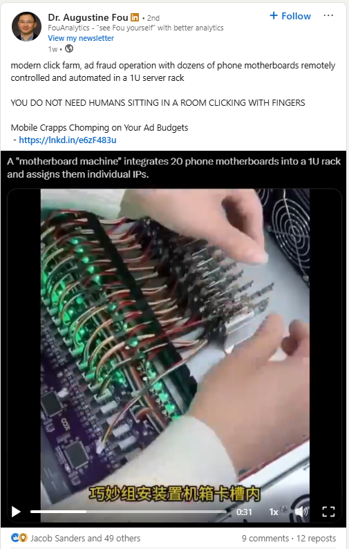 LinkedIn post from Dr. Augustine Fou demonstrating a motherboard machine.