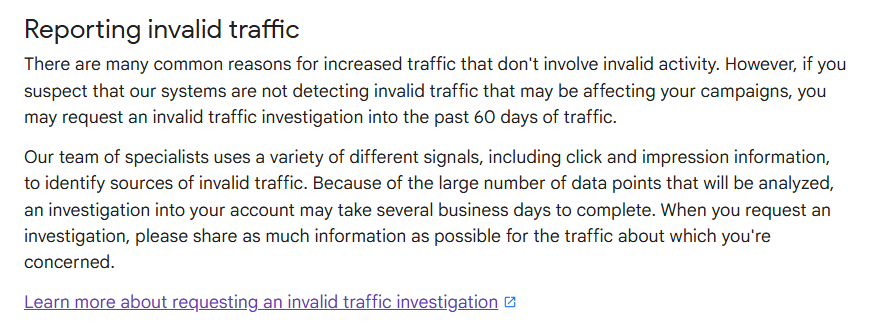 Screenshot from Google to show information about how to report invalid traffic.
