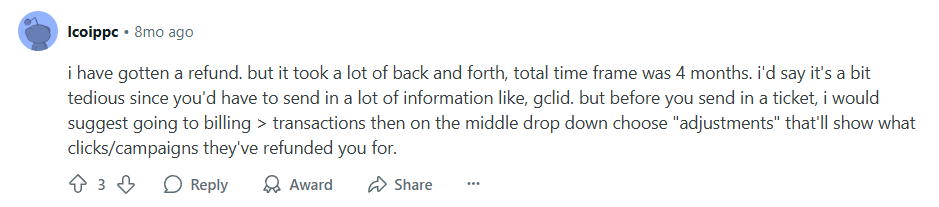 Reddit post from a user describing how long it takes Google to act on click fraud report.