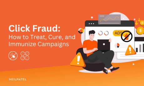 Illustration of a person working on a laptop and text that reads "Click Fraud: How to Treat, Cure, and Immunize Campaigns."