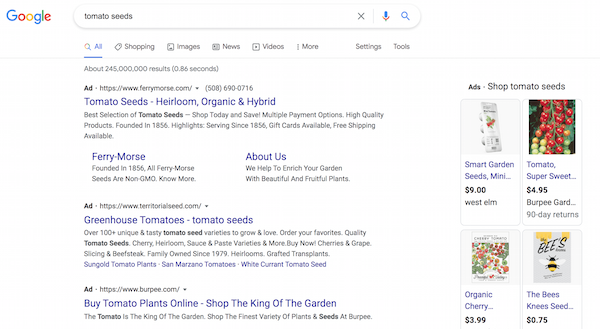 PPC Ad Campaigns for Launching a Business - tomato seed PPC ads on Google