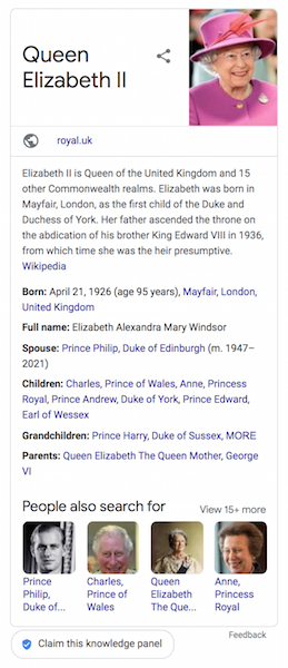 claim knowledge panel - queen Elizabeth 