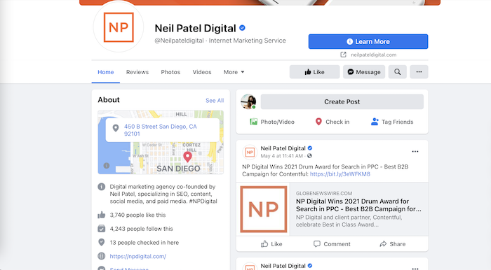 create a facebook business page - neil patel business page example