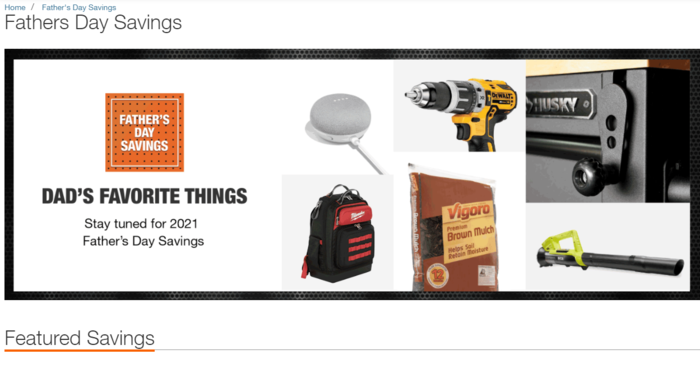 E-commerce Father's Day Sales Examples - Home Depot