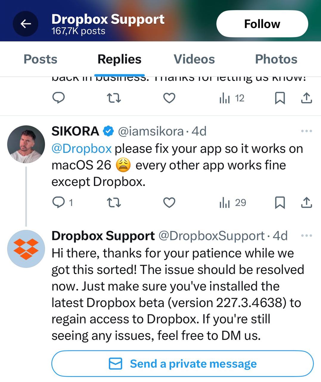 Dropbox support social media profile with replies. 