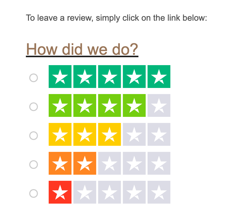 "How did we do?" rating scale with one to five stars and red to green. 