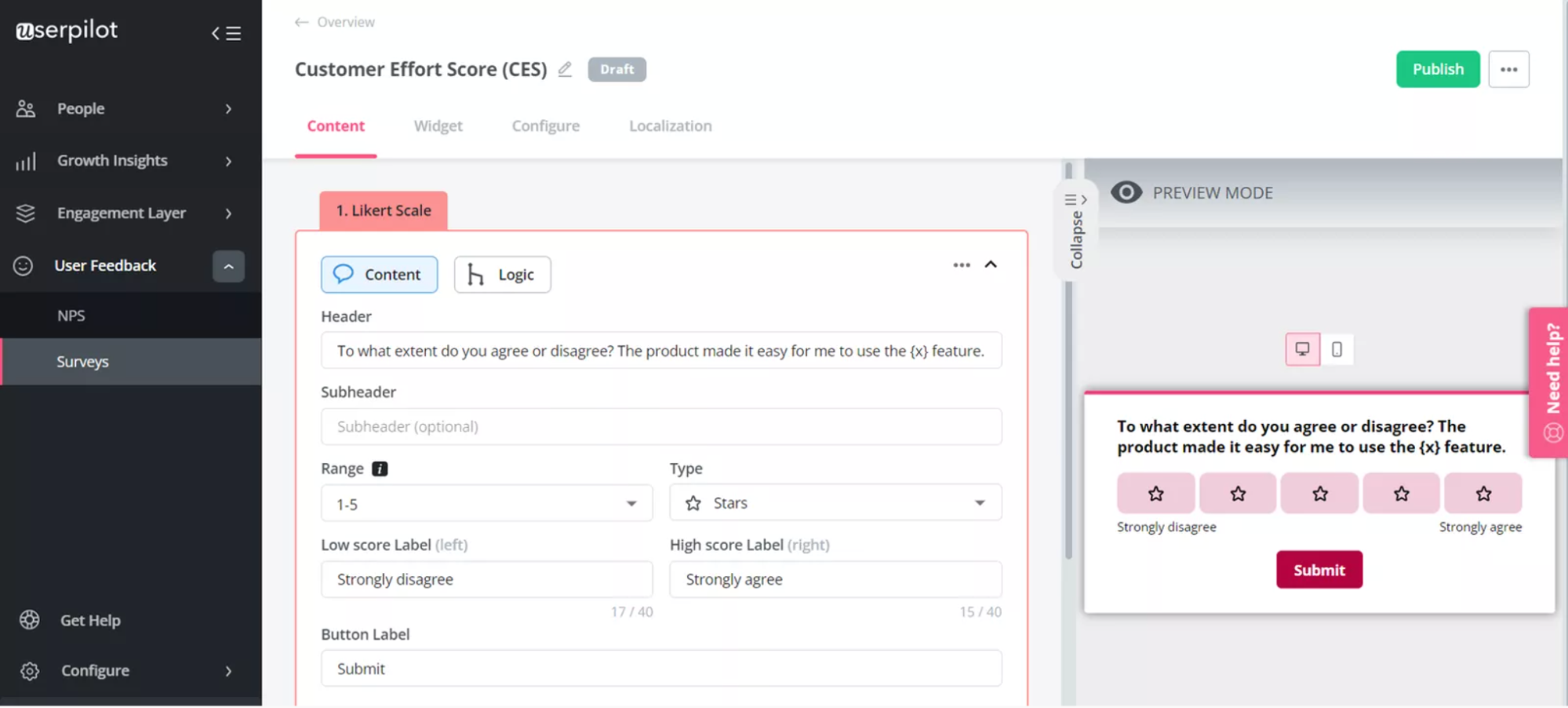 Userpilot surveys setup screen. 