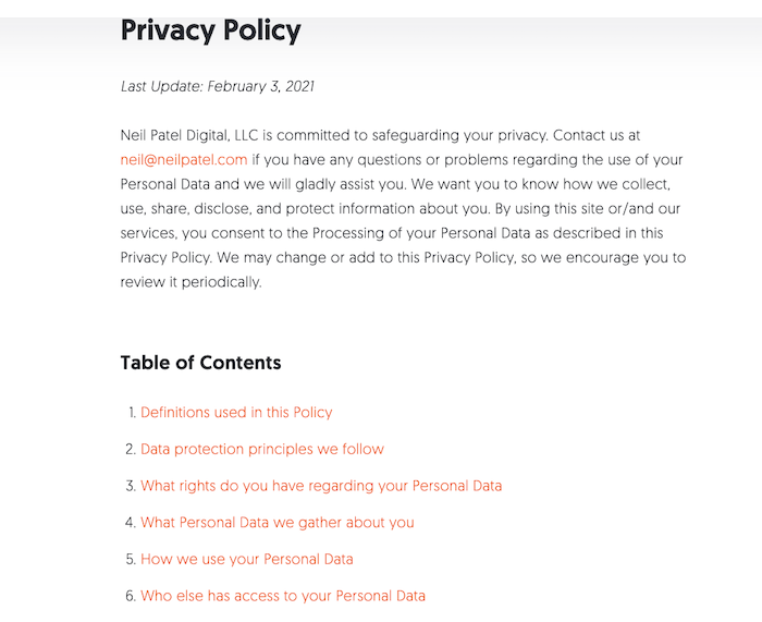 Privacy Policy Generators - neil patel privacy policy