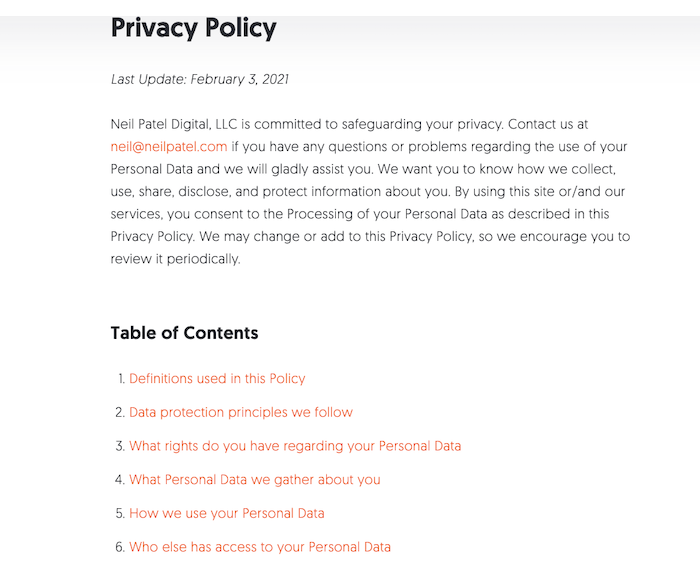 Privacy Policy Generators - Neil Patel Privacy Policy