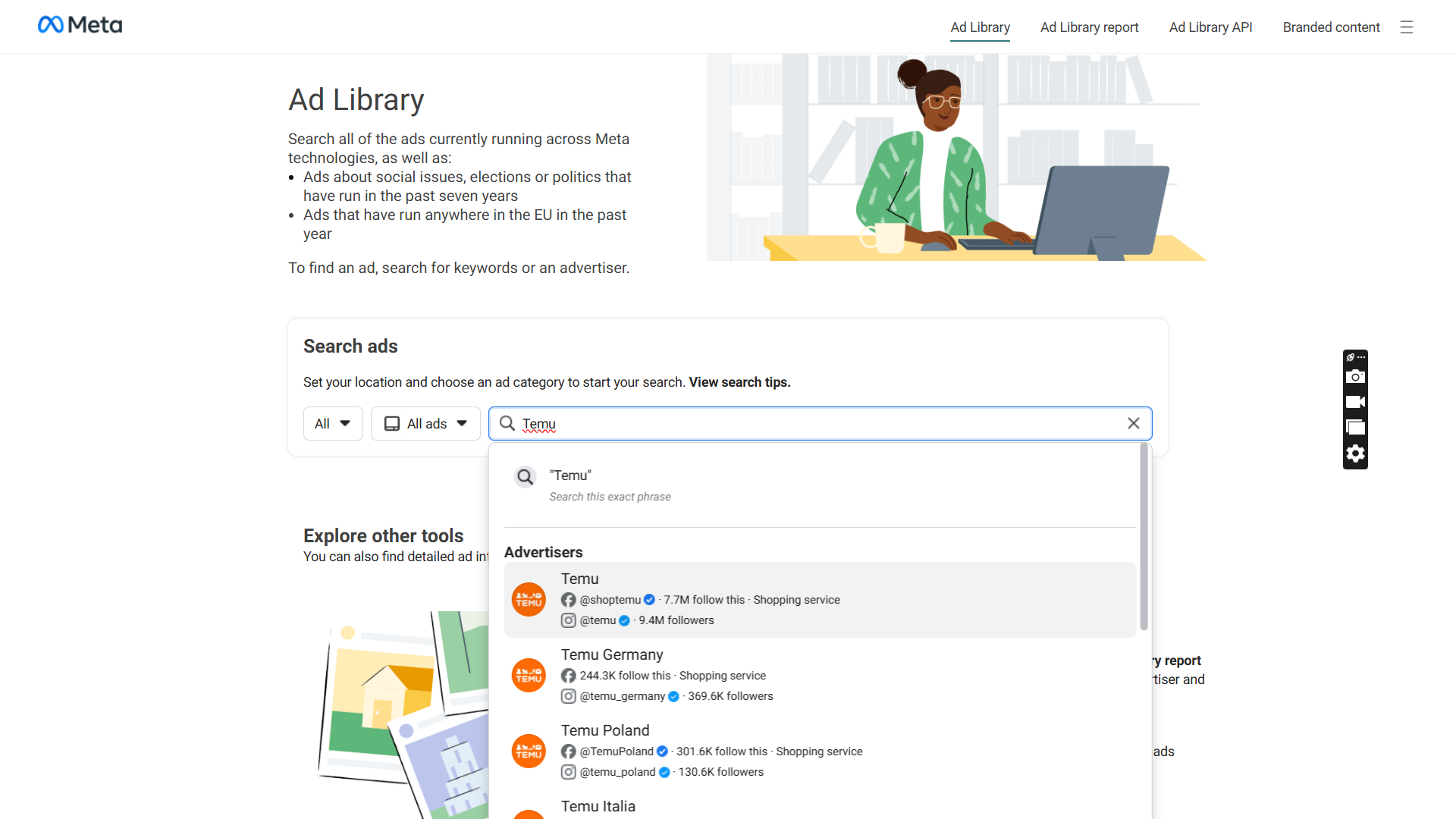 Meta ad library with the search field filled in for Temu.