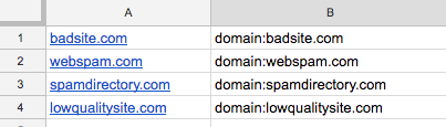 preparing the file for the disavow tool by adding "domain" to url.