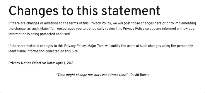 Major Tom Privacy Policy Generator