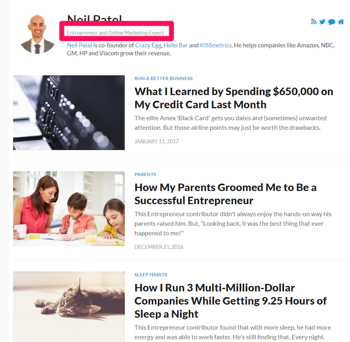 Short About Section for Neil Patel - guest blogging example strategy of personal branding