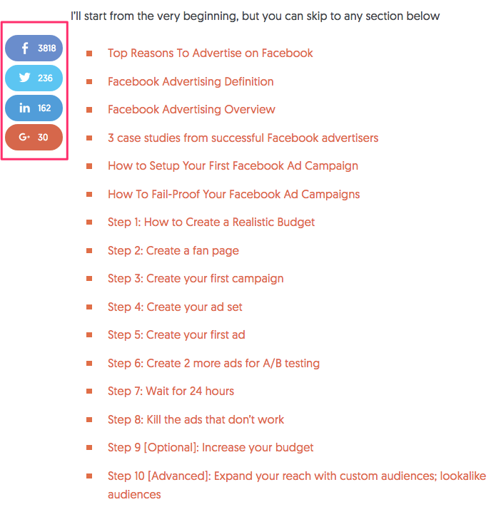 Table of Contents for Long Form Content by Neil Patel - personal branding example strategy