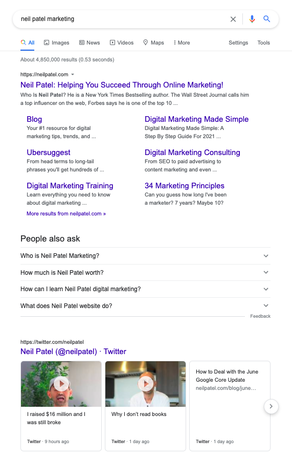  SERP for Neil Patel Marketing- individual branding