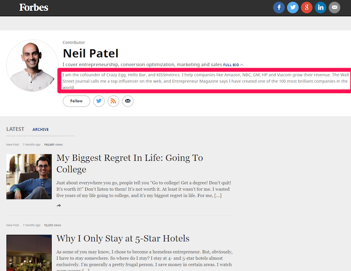  Neil Patel on Forbes-’individual branding technique example, visitor blogging 