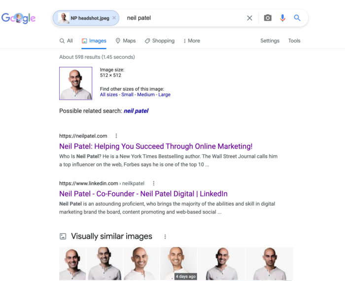 reverse image search - Neil Patel headshot, before fold