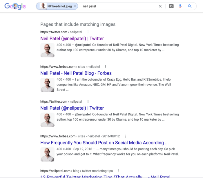 reverse image search - Neil Patel headshot results, under the fold