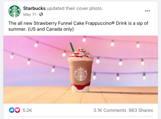 Facebook post - strawberry Frappuccino sits on orange table for starbucks