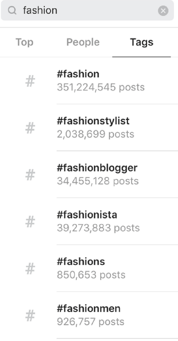 #Fashion shows several hashtags related to fashion 