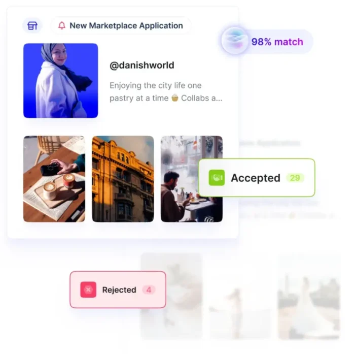 Dynamic SEO Pro The Upfluence influencer application interface. The card shows a creator profile (@danishworld) with a profile photo, short bio, and three recent content thumbnails. A “98% match” badge appears in the top right, indicating strong alignment with the brand’s criteria.