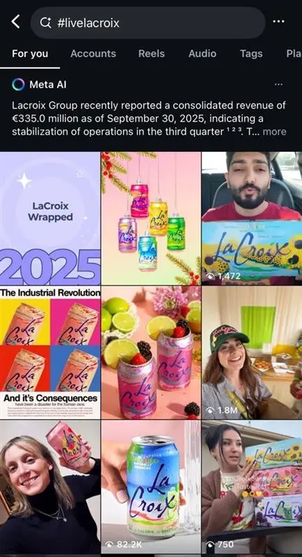 Dynamic SEO Pro Instagram’s hashtag results page for #livelacroix, showing a “For you” feed with a Meta AI summary at the top and a 3×3 grid of posts featuring LaCroix sparkling water.