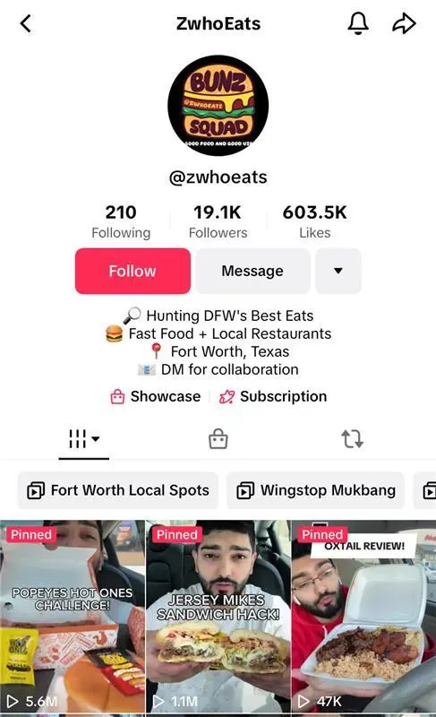 Dynamic SEO Pro TikTok creator @zwhoeats’s profile. It shows the creator’s username, 19.1K followers, and 603.5K likes. The bio highlights local food content in Fort Worth, Texas.