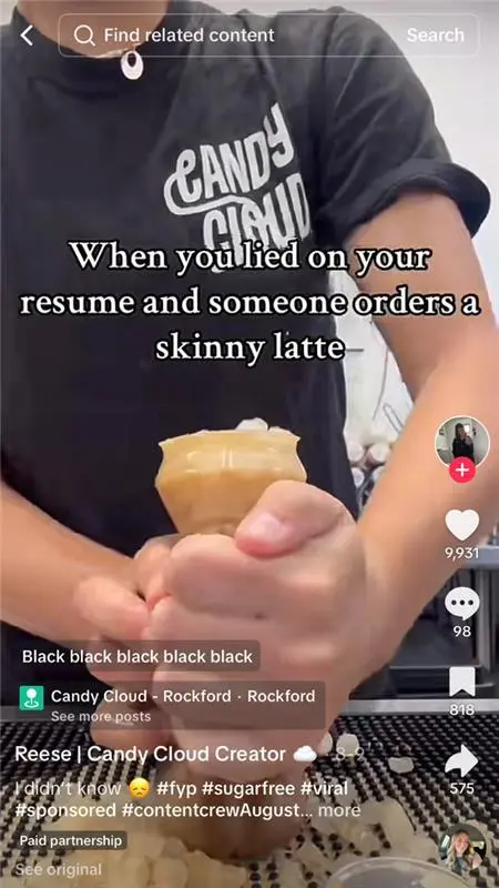 Dynamic SEO Pro TikTok video screenshot showing a Candy Cloud barista struggling to make a skinny latte while wearing a black “Candy Cloud” T-shirt. Text on the video reads, “When you lied on your resume and someone orders a skinny latte.”