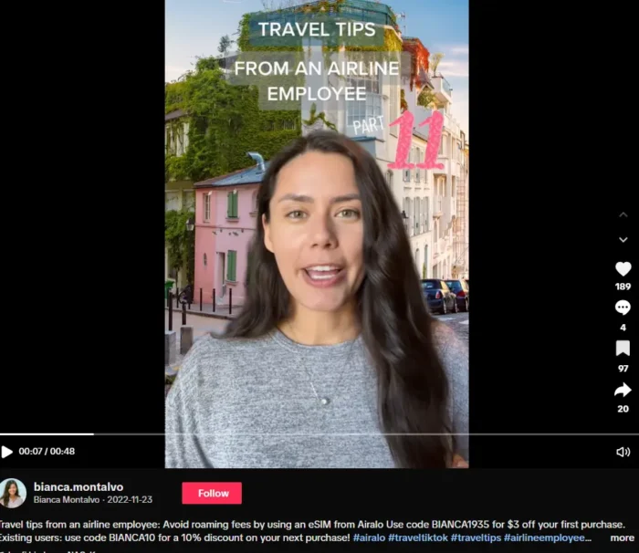 Dynamic SEO Pro TikTok video screenshot featuring creator Bianca Montalvo standing in front of a Paris-style street background with the text “Travel Tips From an Airline Employee – Part 11” above her.