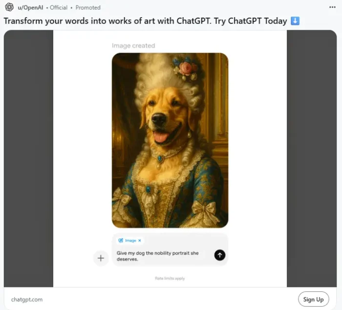 Dynamic SEO Pro Reddit promoted post from the official u/OpenAI account with the headline ‘Transform your words into works of art with ChatGPT. Try ChatGPT Today,’ featuring a mock ChatGPT interface that shows a generated image of a golden retriever dressed in an ornate 18th-century royal gown.