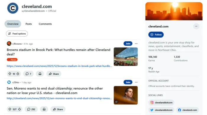 Dynamic SEO Pro Reddit profile for cleveland.com showing branded news posts shared into local subreddits like r/Browns and r/Ohio, along with a sidebar that labels it as the official account and lists its karma, contributions, account age, and social links.