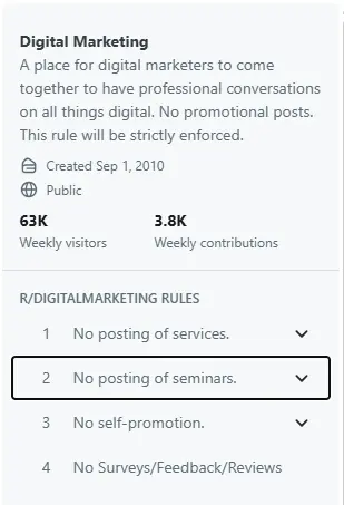 Dynamic SEO Pro r/digitalmarketing subreddit sidebar showing a description that bans promotional posts and a rules list highlighting ‘No posting of services,’ ‘No posting of seminars,’ ‘No self-promotion,’ and ‘No Surveys/Feedback/Reviews.