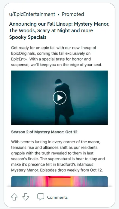 Dynamic SEO Pro (L) A video ad from u/EpicEntertainment announcing a spooky fall TV lineup; (C) an image ad from u/innisfree_usa highlighting a pore-clearing volcanic clay mask; (R) a video ad from u/Canva_Official promoting Canva’s Brand Kit for fast, on-brand design.