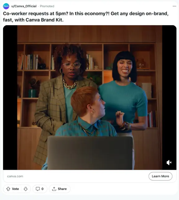 Dynamic SEO Pro (L) A video ad from u/EpicEntertainment announcing a spooky fall TV lineup; (C) an image ad from u/innisfree_usa highlighting a pore-clearing volcanic clay mask; (R) a video ad from u/Canva_Official promoting Canva’s Brand Kit for fast, on-brand design.