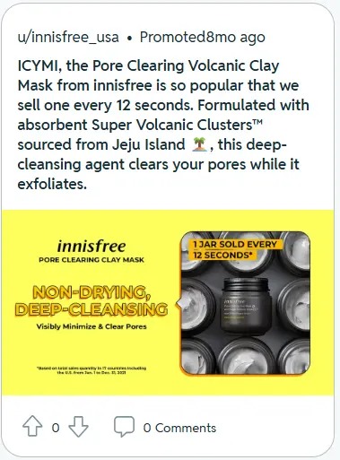 Dynamic SEO Pro (L) A video ad from u/EpicEntertainment announcing a spooky fall TV lineup; (C) an image ad from u/innisfree_usa highlighting a pore-clearing volcanic clay mask; (R) a video ad from u/Canva_Official promoting Canva’s Brand Kit for fast, on-brand design.